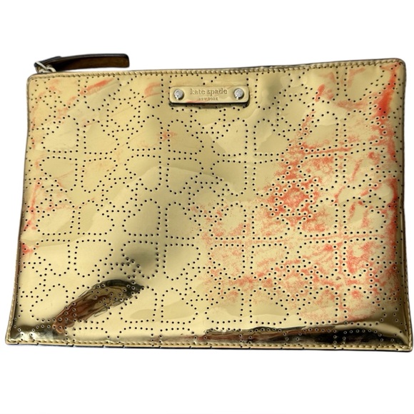 kate spade Handbags - KATE SPADE Gold Perforated Heart Cosmetic Case Pouch Parent Shiny *Flaw*